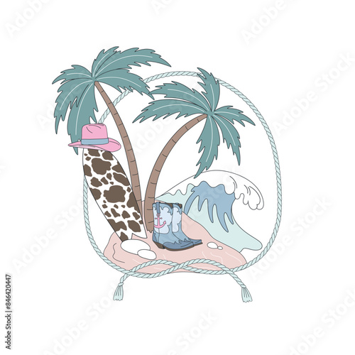 Small island with palm trees Cow printed surf board Ocean Wave Cowboy hat and shoes vector illustration. Coastal Western pre-made card 