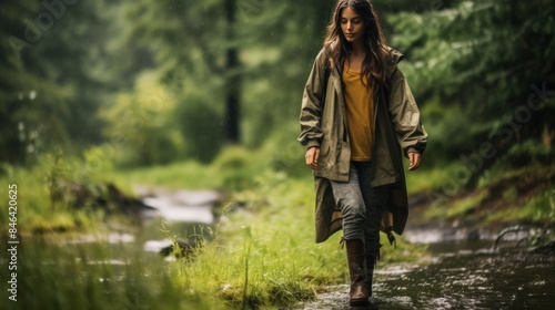 A beautiful girl with long hair in a raincoat walks in the forest after a heavy rain