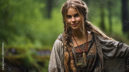 A beautiful girl with long hair in traditional Scandinavian clothing, close-up portrait