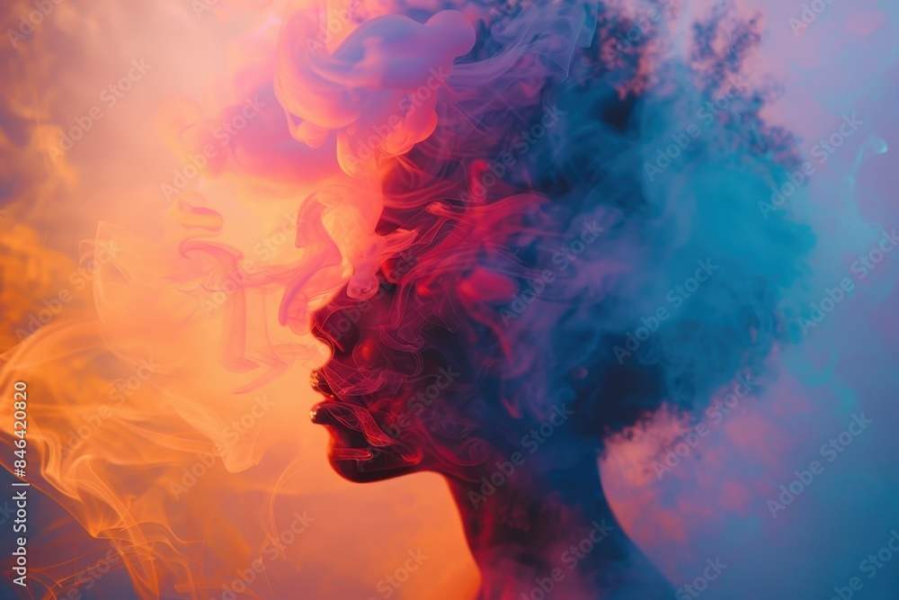 Silhouette of a Person with Afro Hair Surrounded by Colorful Smoke in a Dreamlike Atmosphere Silhouette of a Person with Afro Hair Surrounded by Colorful Smoke in a Dreamlike Atmosphere