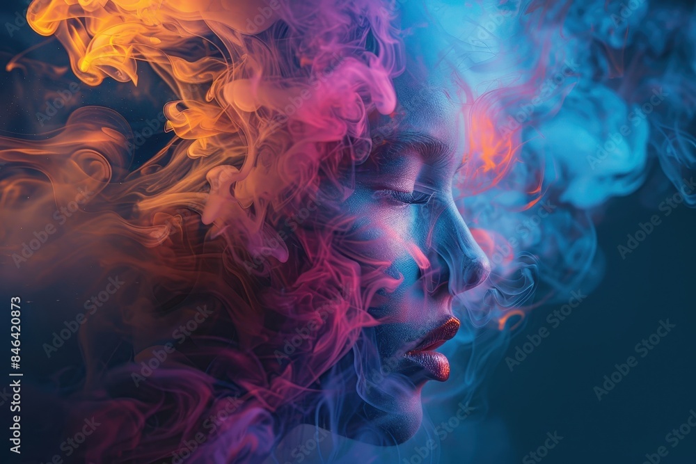 Vibrant Abstract Portrait of a Woman with Colorful Smoke Swirls in Blue and Orange Hues, Artistic Conceptual Photography