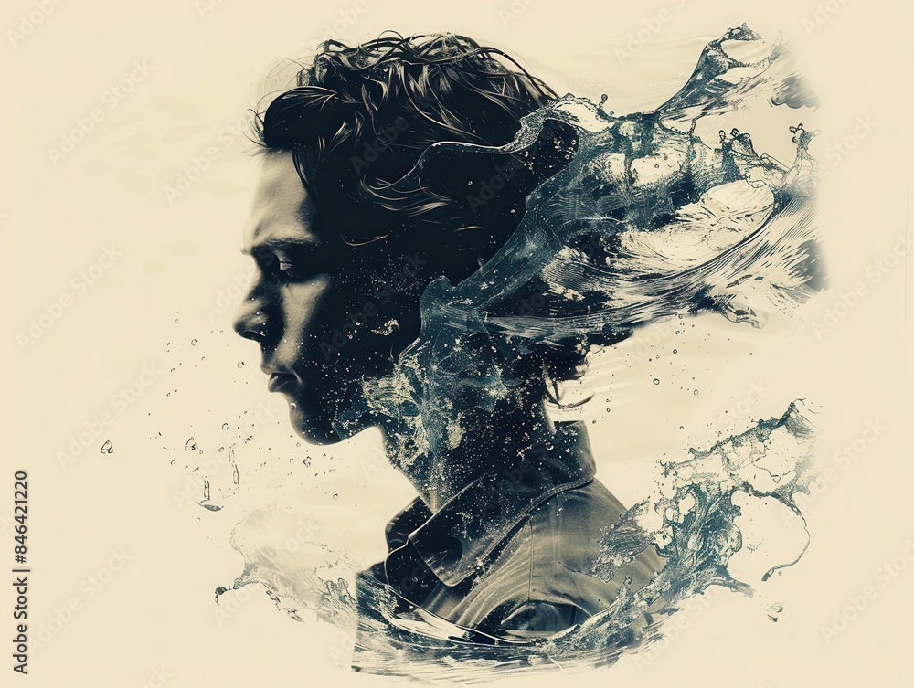 Surreal Artistic Portrait of a Man with Water Splash Effect, Creative Double Exposure, Conceptual Art, Abstract Photography, Modern Digital Art, Unique Visual Representation, Imaginative Design Surreal Artistic Portrait of a Man with Water Splash Effect, Creative Double Exposure, Conceptual Art, Abstract Photography, Modern Digital Art, Unique Visual Representation, Imaginative Design