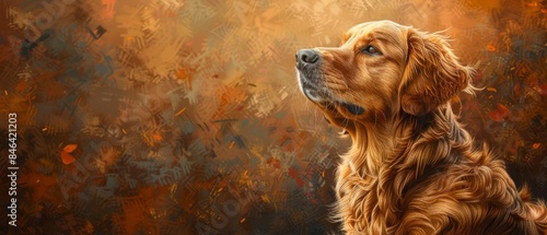 Side view of a regal golden retriever, oil painting style, intricate brush strokes, warm autumn background, realistic fur texture, classic portrait art, evokes elegance and loyalty