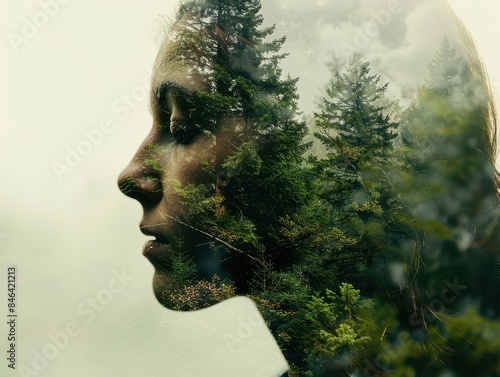Double Exposure of Woman's Profile with Forest Trees, Nature and Human Connection, Environmental Conservation, Artistic Photography, Surreal Portrait, Eco-Friendly Concept, Greenery, Tranquil Scene © TPS Studio