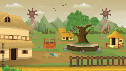 Village cartoon background evening illustration of green meadows and surrounded by trees, windmill fans and mountains