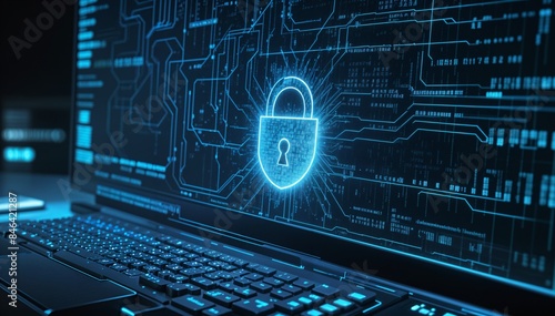 A virtual padlock securing a computer display. It represents cybersecurity and protection for digital infrastructure, including Internet of Things antivirus security.