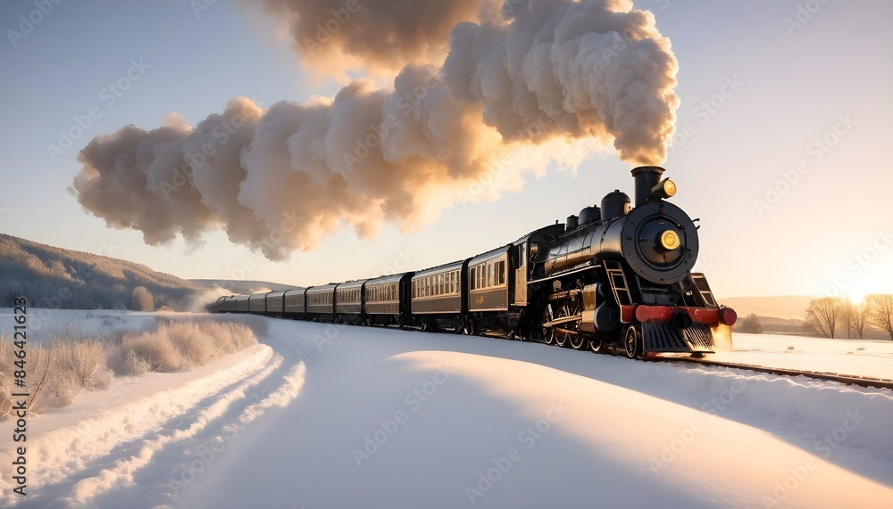 Obraz premium A steam train chugging through a snowy landscape 