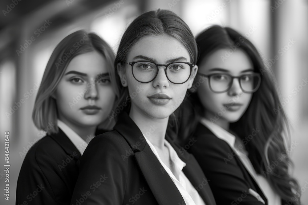 Three women wearing business suits and glasses are posing for a photo Three women wearing business suits and glasses are posing for a photo