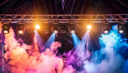 Colorful stage lights smoke at concert or theatre