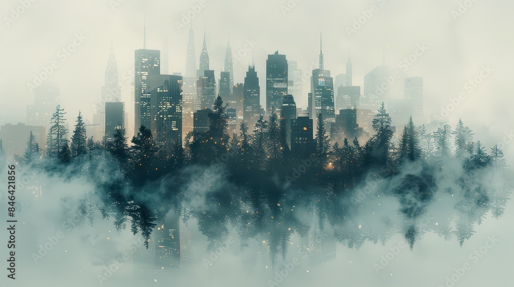 Misty Urban Forest Skyline - Surreal Cityscape with Foggy Trees and Skyscrapers Blending into the Horizon, Mysterious Atmosphere, Dreamlike Landscape, Modern Architecture, Nature and Urban Fusion Misty Urban Forest Skyline - Surreal Cityscape with Foggy Trees and Skyscrapers Blending into the Horizon, Mysterious Atmosphere, Dreamlike Landscape, Modern Architecture, Nature and Urban Fusion