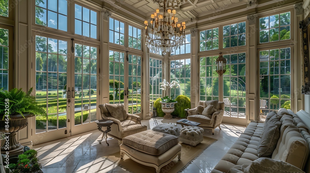 A sunroom with an elegant, classic design, featuring a chandelier, plush seating, and large windows providing a stunning view of the garden A sunroom with an elegant, classic design, featuring a chandelier, plush seating, and large windows providing a stunning view of the garden