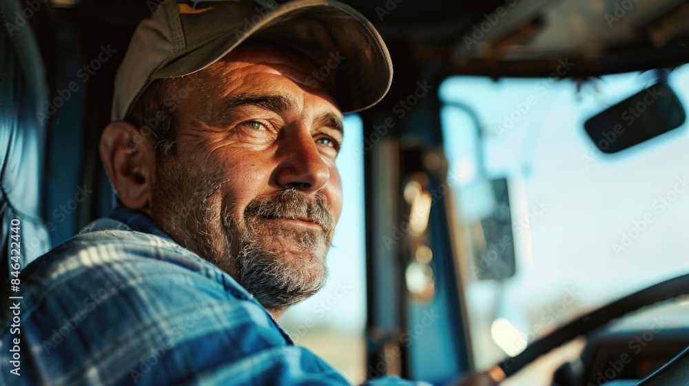 Obraz premium A man with a cap and a smile is driving a truck