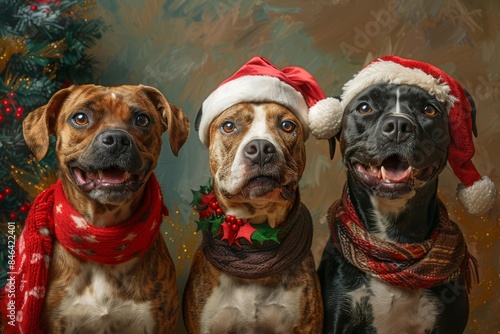 Side view portrait of joyful dogs in Christmas-themed attire, bright summer backdrop photo