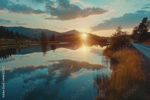 A beautiful sunset over a lake with a reflection of the sun on the water