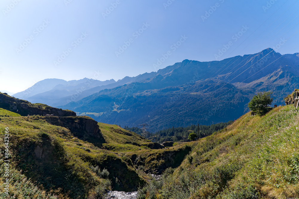 Scenic view of mountain panorama at Swiss mountain pass Gotthard on a sunny late summer day. Photo taken September 10th, 2023, Gotthard, Switzerland. Scenic view of mountain panorama at Swiss mountain pass Gotthard on a sunny late summer day. Photo taken September 10th, 2023, Gotthard, Switzerland.