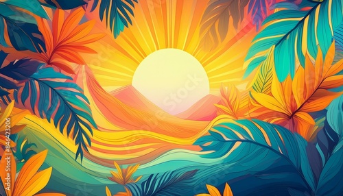 Colourful abstract summer background design. With bight sun and tropical leaves