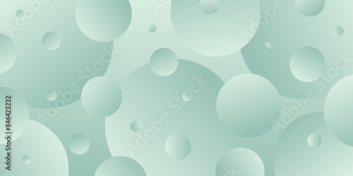Abstract horizontal rectangular background with cold light green gradient bubbles. Minimalistic geometric background in soft green colors with circles. Trendy volumetric 3d balls background design.