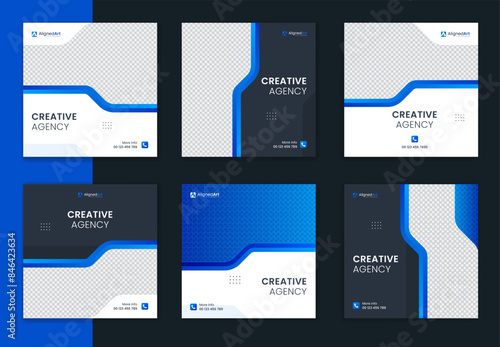 Blue technology abstract corporate social media post design, business creative agency template set, editable digital marketing advertisement layout