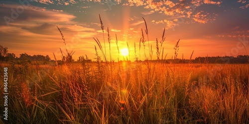 A field of tall grass with a sun setting in the background