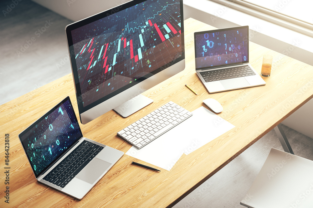 Creative concept of crisis chart illustration on modern laptop screen. Global crisis and bankruptcy concept. 3D Rendering Creative concept of crisis chart illustration on modern laptop screen. Global crisis and bankruptcy concept. 3D Rendering