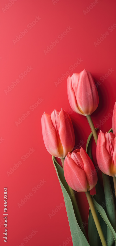 A bouquet of red tulips is displayed on a red background A bouquet of red tulips is displayed on a red background
