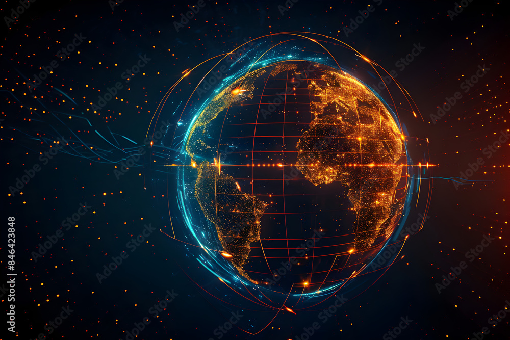 Earth globe with America map, telecommunication and data transfer networks with global internet and artificial intelligence connectivity for communication technology Earth globe with America map, telecommunication and data transfer networks with global internet and artificial intelligence connectivity for communication technology