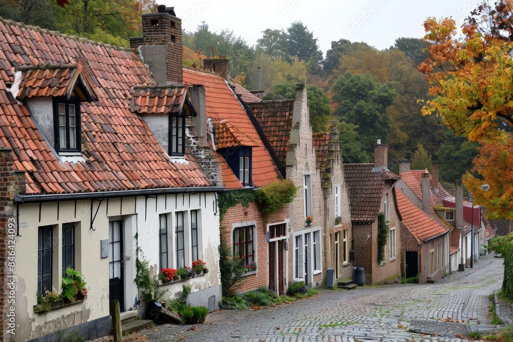 This image captures a serene, cobblestoned village street lined with traditional European houses and fall foliage