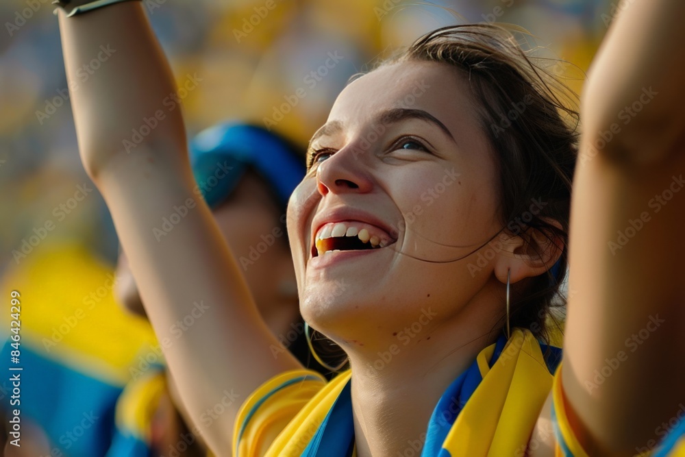 Close up of a cheerful young woman with raised arms enjoying a sports event, surrounded by crowd Close up of a cheerful young woman with raised arms enjoying a sports event, surrounded by crowd