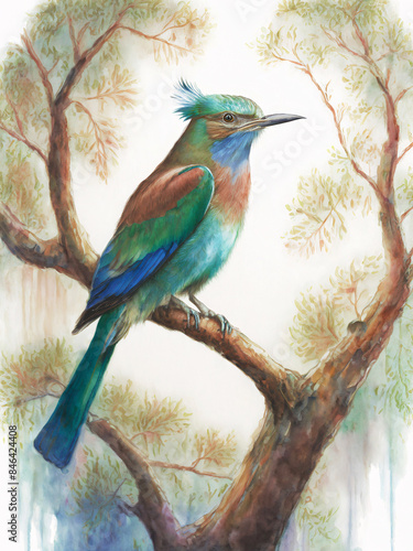 European Roller Sitting In A Tree Scouting For Food Oil Paint On Canvas Style 300PPI High Resolution Image Suitable For Wall Art And Poster Print And Other Art Productions
