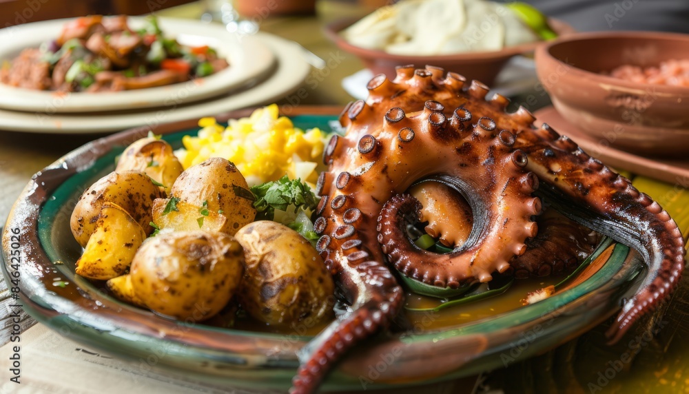 Deliciously Unique: Grilled Octopus, Potatoes, and Tamales on a Plate Deliciously Unique: Grilled Octopus, Potatoes, and Tamales on a Plate