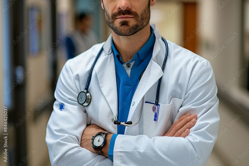 A male doctor stands in a hospital hallway with his arms crossed. He is wearing a white coat and a stethoscope A male doctor stands in a hospital hallway with his arms crossed. He is wearing a white coat and a stethoscope