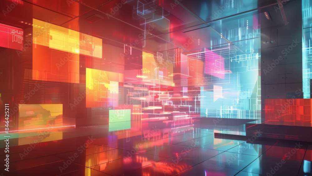 A modern, high-tech room with digital data visualizations on the walls and large geometric shapes floating A modern, high-tech room with digital data visualizations on the walls and large geometric shapes floating