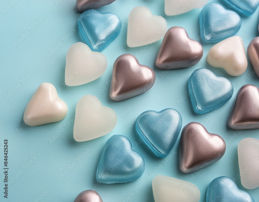 Composition with candy hearts on pastel blue background. Composition with candy hearts on pastel blue background.