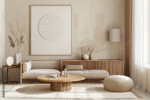 A modern living room with beige walls, wooden furniture and a large blank wall mockup.