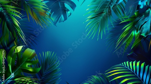 Close-up Modern trendy neon glowing light with neon green palm tropical leaves on a blue background, Frame with copy space for text, Design template., tropical island with palm trees and sea