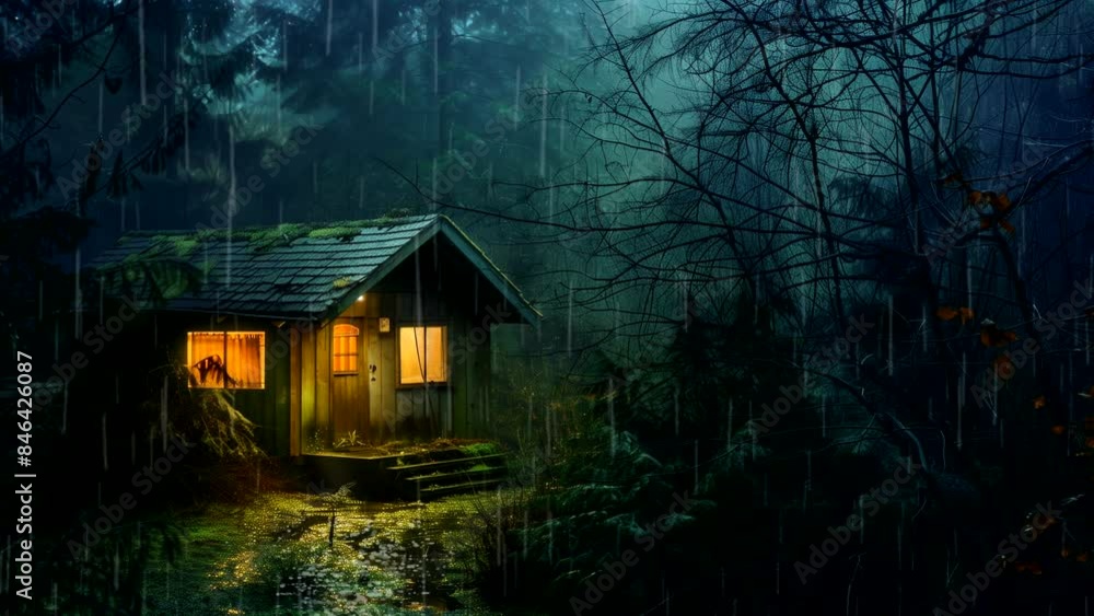 A cabin in the middle of the forest at night with rain falling, for relaxing background music. seamless looping time-lapse video background