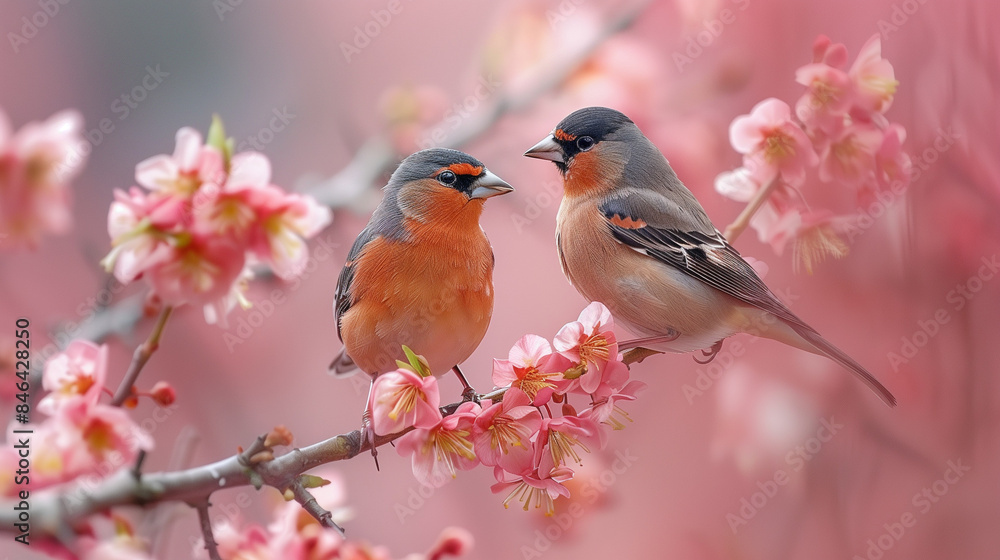 Pair of Chaffinch Birds Perched on Branch with White Pink Flowers in Spring Garden Pair of Chaffinch Birds Perched on Branch with White Pink Flowers in Spring Garden