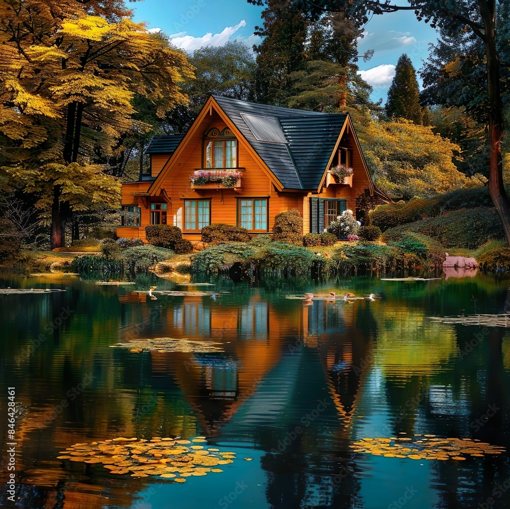 house on the lake with autumn scene house on the lake with autumn scene