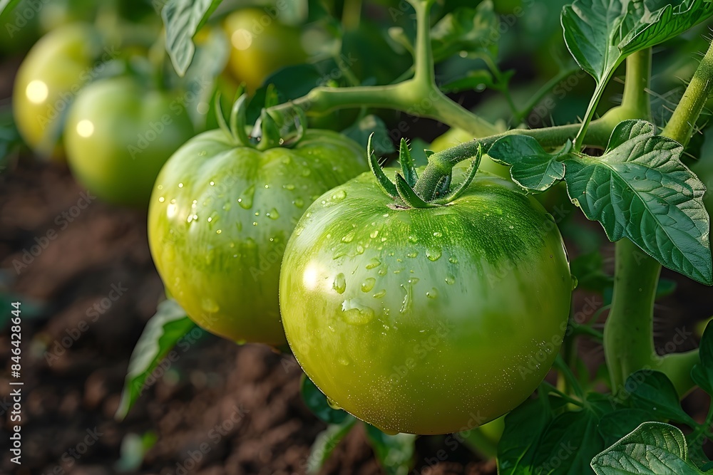 Fresh Green Tomatoes on Vine in Garden - Agriculture, Harvest, Organic Farming Fresh Green Tomatoes on Vine in Garden - Agriculture, Harvest, Organic Farming