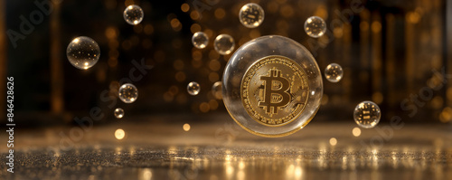 bitcoin floating in the air in a big bubble for risky investments or danger of crypto currencies trading and bubble crisis crash bear market as wide banner with copyspace area