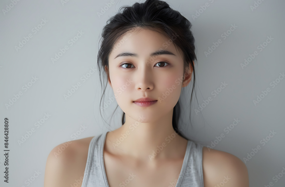 A attractive Chinese girl is looking towards the camera wearing grey sports shirt A attractive Chinese girl is looking towards the camera wearing grey sports shirt