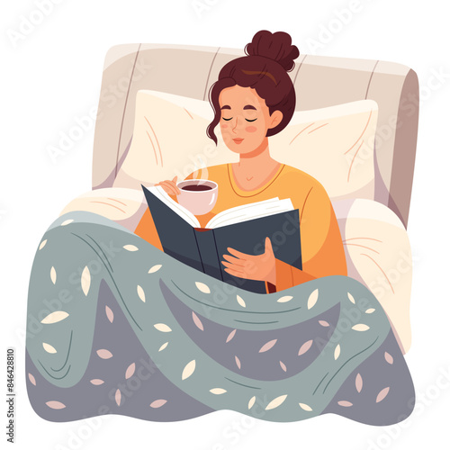 Young woman relaxing with book and cup of tea in bed. Person reading literature at home. Novel reader resting under blanket on weekend.  Flat vector illustration isolated on white background