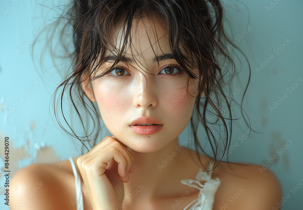 A Japanese girl with wavy hair style looking straight towards the camera A Japanese girl with wavy hair style looking straight towards the camera