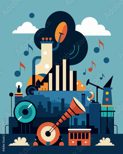 The symphony of sounds from a bustling and diverse ecosystem has been rep by the deafening noise of machinery and heavy industrial equipment.. Vector illustration