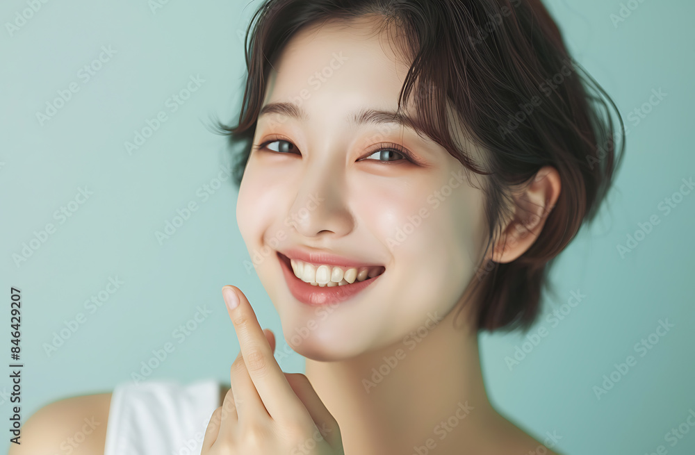 1 beautiful Korean woman her thirty smiling pointing upper left side of her mouth one finger wearing white background color should light green or gray blue creating atmosphere feel like set indoors 1 beautiful Korean woman her thirty smiling pointing upper left side of her mouth one finger wearing white background color should light green or gray blue creating atmosphere feel like set indoors