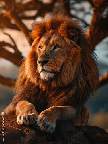 Regal Lion in African Savannah Landscape Generative AI © Gro