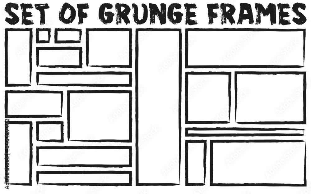 Set of grunge jagged rectangle outline shape. Black torn paper outline sheet for sticker, collage, banner. Vector illustration isolated on white background. Set of grunge jagged rectangle outline shape. Black torn paper outline sheet for sticker, collage, banner. Vector illustration isolated on white background.
