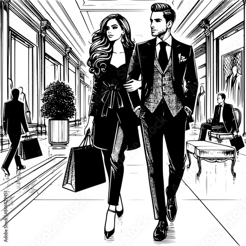 Stylish rich man and woman shopping together at a mall