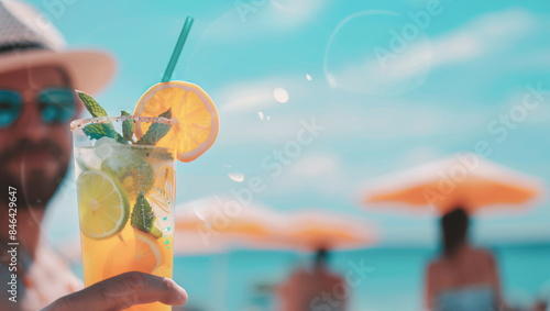 A man holds a refreshing summer drink with a slice of lemon, mint, and ice against a beach backdrop, capturing the essence of a relaxing and sunny tropical day.