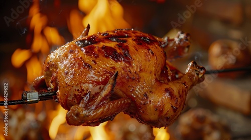 Mouth-watering rotisserie chicken over an open fire, close-up showing the crispy skin and sizzling juices, perfectly roasted